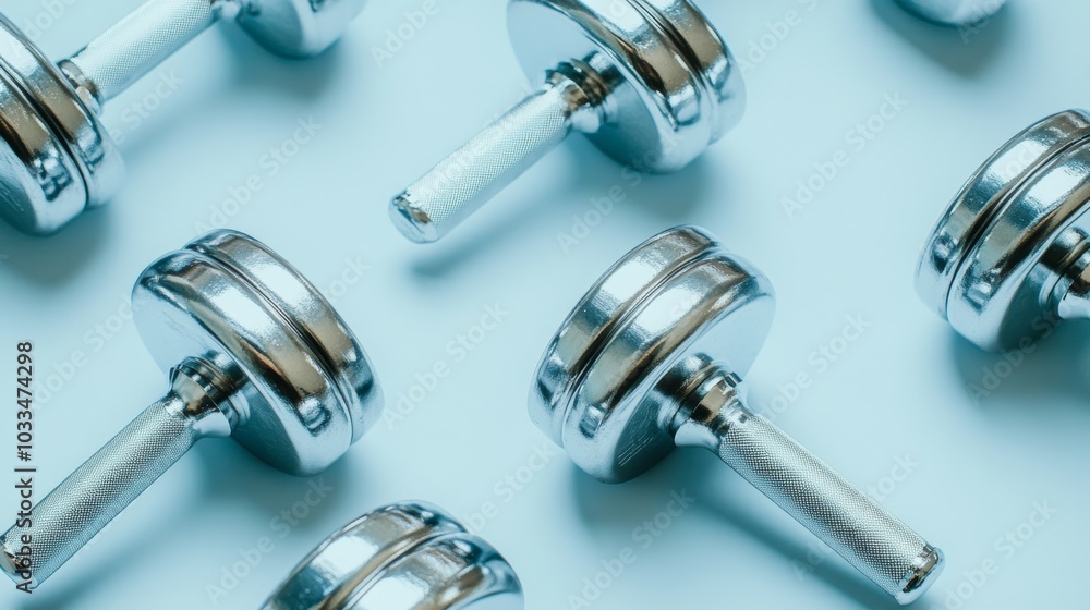 Silver Dumbbells on Blue Background Fitness Gym Strength Training Silver Dumbbells on Blue Background Fitness Gym Strength Training