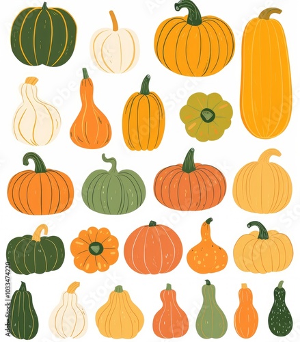 A delightful collection of pumpkins in various shapes and colors fills the canvas, celebrating the essence of autumn. This arrangement embodies the warmth and joy of Halloween festivities