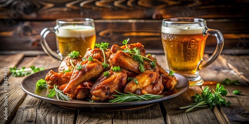 Delicious Chicken Wings and Beer on a Cozy Pub Table - Perfect for Food Lovers and Beer Enthusiasts, Capturing a Warm Atmosphere Ideal for Social Gatherings and Culinary Delights