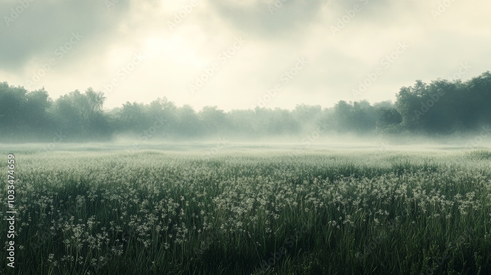 Misty Meadow with Green Grass and White Flowers Misty Meadow with Green Grass and White Flowers