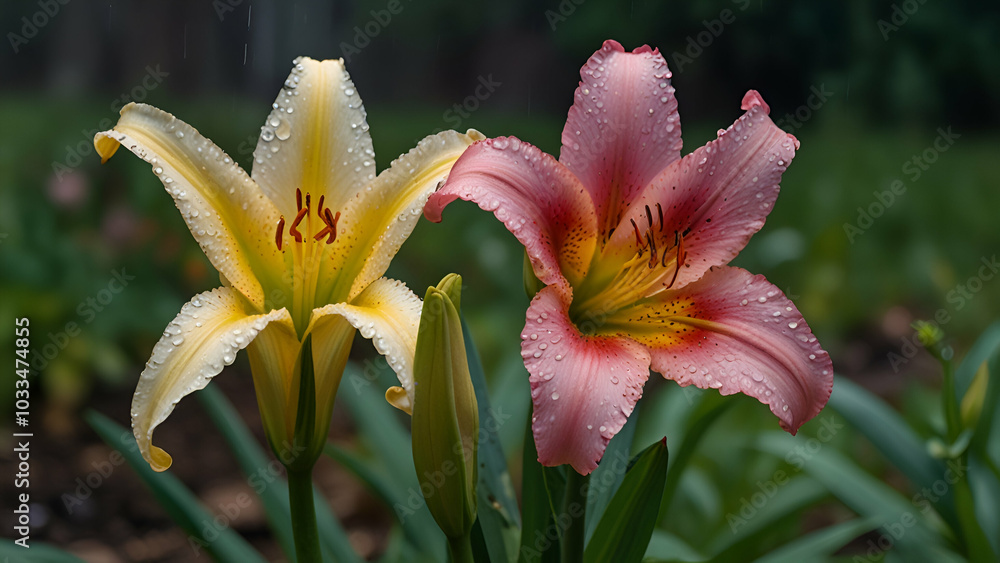 Two vibrant flowers bloom on one lily stem in a rain-kissed valley morning. Two vibrant flowers bloom on one lily stem in a rain-kissed valley morning.