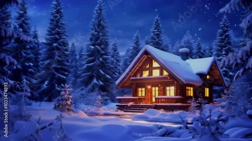 Wallpaper Mural A cozy house nestled in the snowy forest, surrounded by tall trees and a peaceful winter landscape Torontodigital.ca