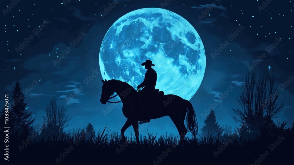 Silhouette horseman under full moon, night sky, stars, trees Silhouette horseman under full moon, night sky, stars, trees