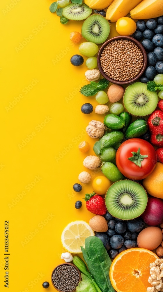 Vibrant display of assorted fruits and vegetables against a cheerful yellow background, showcasing freshness and health. Vibrant display of assorted fruits and vegetables against a cheerful yellow background, showcasing freshness and health.