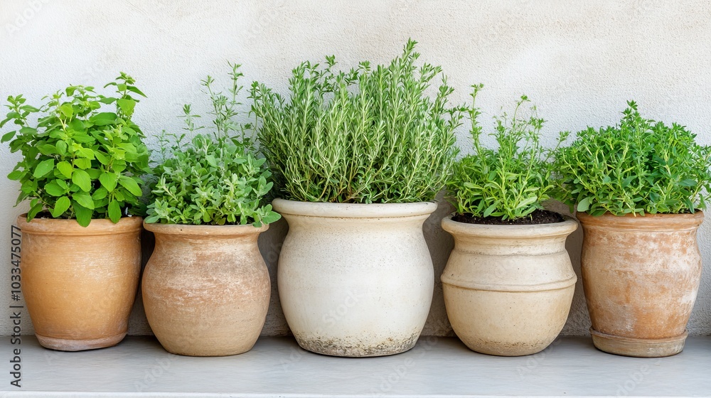 A collection of potted herbs in decorative containers, showcasing greenery and natural beauty for indoor gardening enthusiasts. A collection of potted herbs in decorative containers, showcasing greenery and natural beauty for indoor gardening enthusiasts.