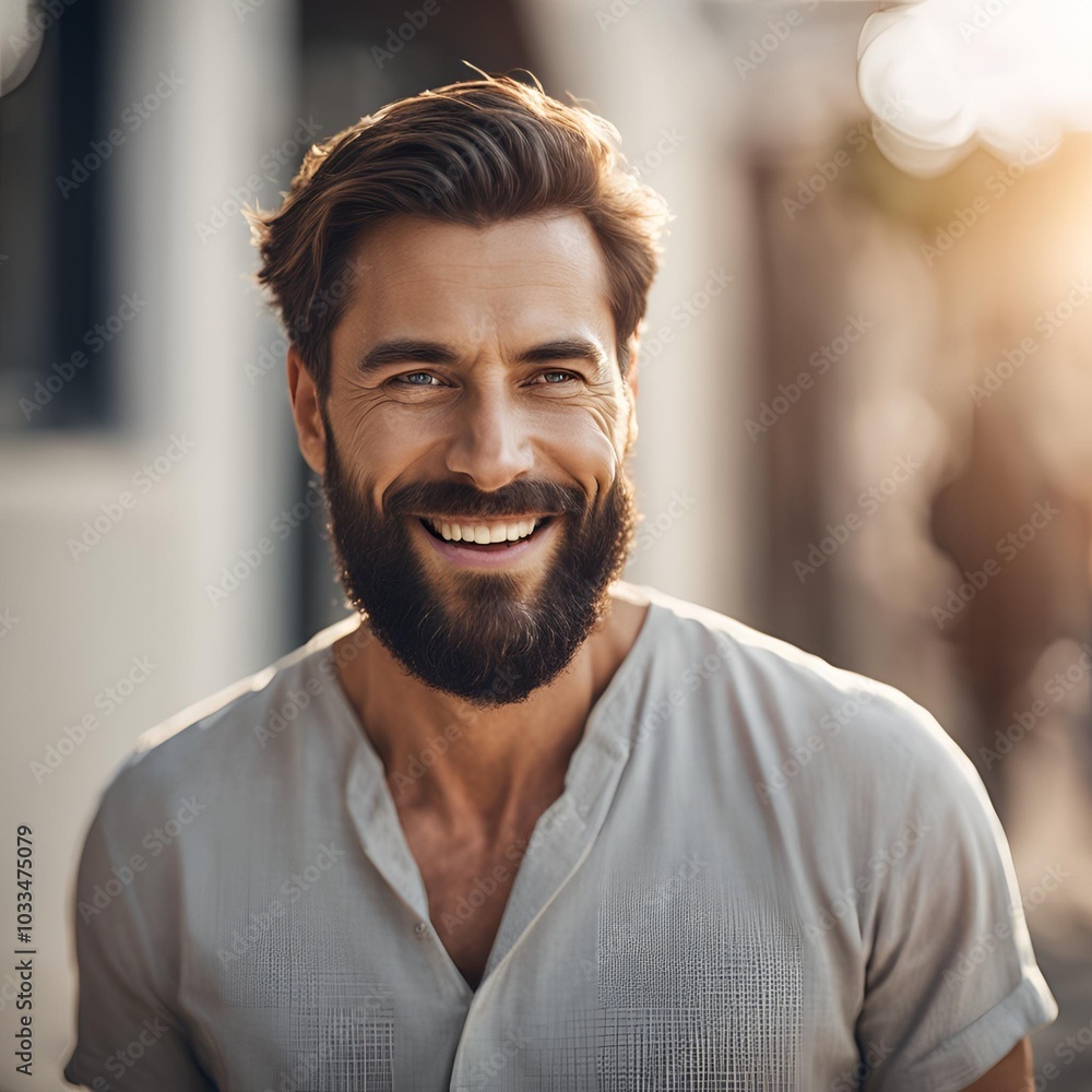 A cheerful bearded man smiling outdoors in natural sunlight, exuding warmth and positivity. Perfect for lifestyle, wellness, and modern branding concepts. A cheerful bearded man smiling outdoors in natural sunlight, exuding warmth and positivity. Perfect for lifestyle, wellness, and modern branding concepts.
