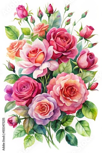 A bouquet of roses with various colors and shapes, watercolor illustration