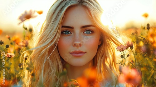 Beautiful Woman with Blonde Hair in Field of Flowers