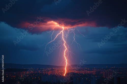 Dramatic lightning storm illuminating city skyline at dusk