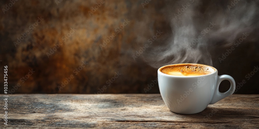 Espresso coffee in a cup with steam, set against an aged backdrop. Espresso coffee in a cup with steam, set against an aged backdrop.