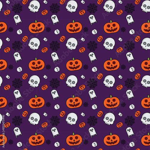 Vector Halloween seamless pattern with ghost, skull, spider web and pumpkin