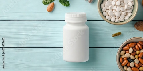 Dietary supplements. A blank white bottle and a bowl with various pills situated near food items on a light blue wooden table, close-up.