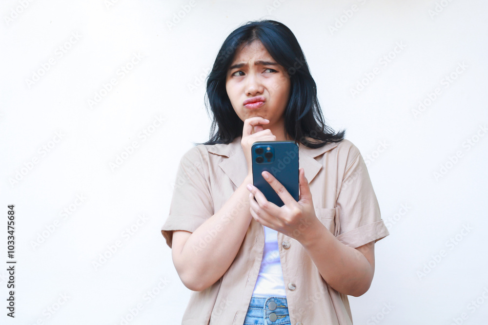 thoughtful asian woman looks confused using smartphone wearing casual clothes isolated on white background thoughtful asian woman looks confused using smartphone wearing casual clothes isolated on white background