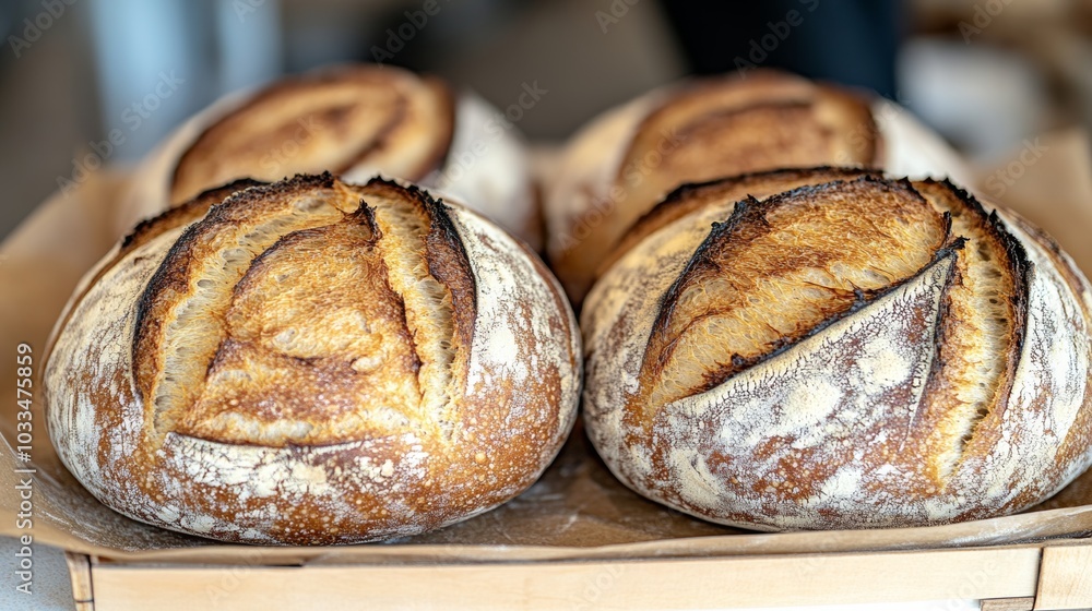 Freshly Baked Artisan Bread Loaves in a Wooden Tray Freshly Baked Artisan Bread Loaves in a Wooden Tray