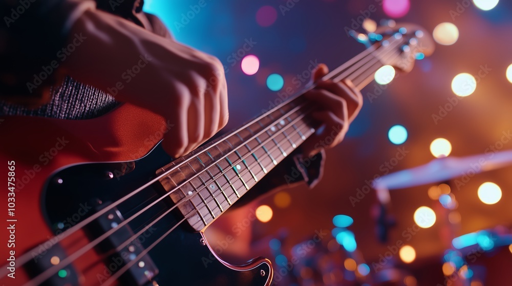 Obraz premium Close-up of a musician playing the bass guitar during a vibrant live performance with colorful lights at a concert venue