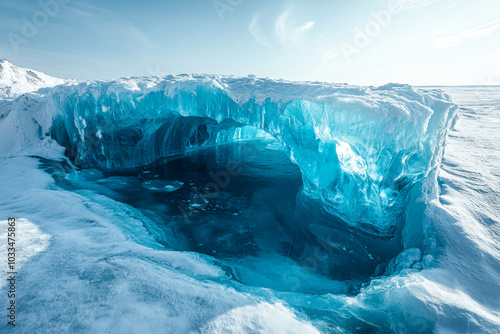 Beautiful melted ice cave revealing crystal blue arctic water in a pristine frozen landscape during daylight