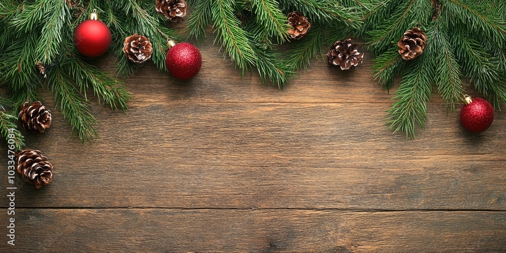 Christmas and New Year arrangement on a wooden surface. Postcard featuring a fir branch and decorations. Top view. Flat lay. Copy space.