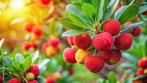 Fresh wild red bayberry strawberry tree in the garden with a tilted angle photo