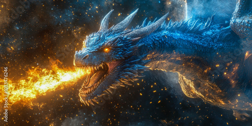 A majestic blue dragon soars through the skies, unleashing a torrent of fierce flames in a dazzling display of power and magic