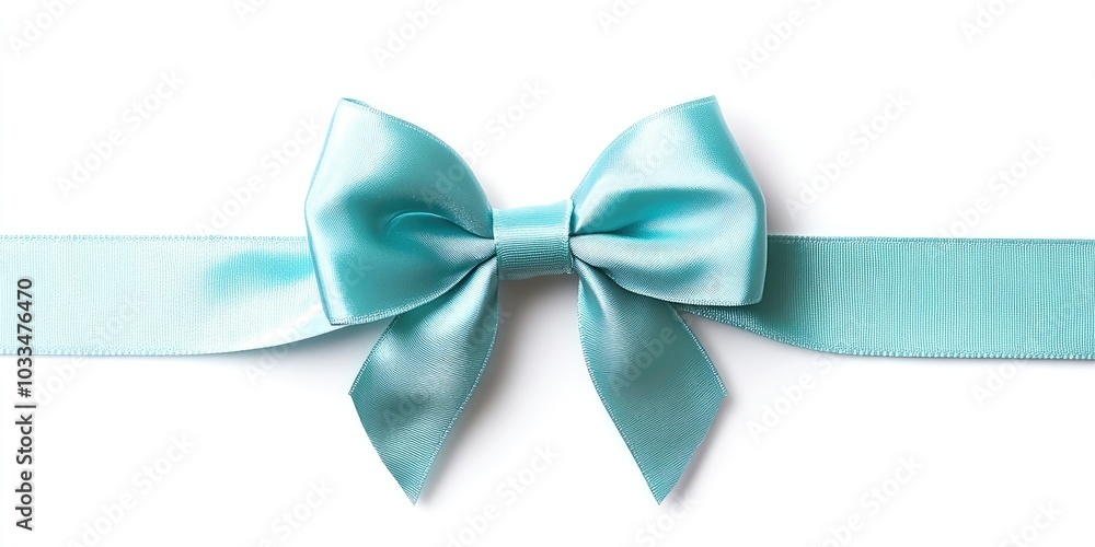 Single aqua bow on satin ribbon with parallel ribbons, isolated on white. Single aqua bow on satin ribbon with parallel ribbons, isolated on white.