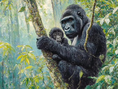 Gorilla mother gently cradles her baby on a tree branch in a lush forest habitat during daylight hours