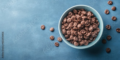 Bowl of chocolate cornflakes with milk on a blue background. Breakfast idea. photo