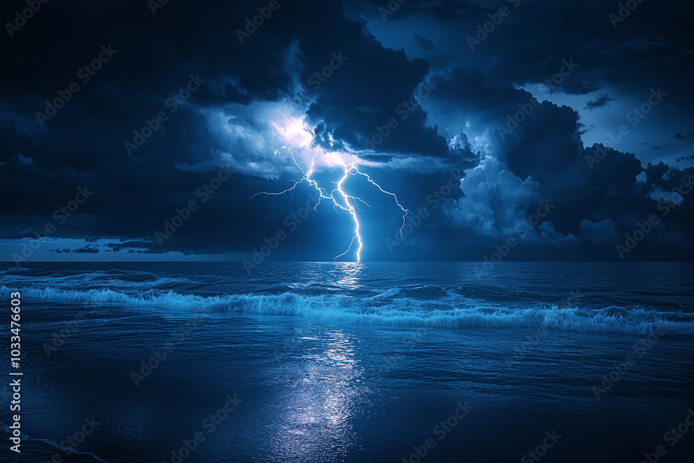 Fototapeta premium Dramatic lightning striking over a tranquil ocean during nighttime