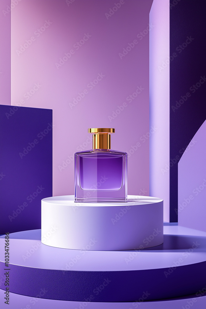 Illustration of perfume bottle and perfume product with geometric purple background, simple style, soft light. Illustration of perfume bottle and perfume product with geometric purple background, simple style, soft light.