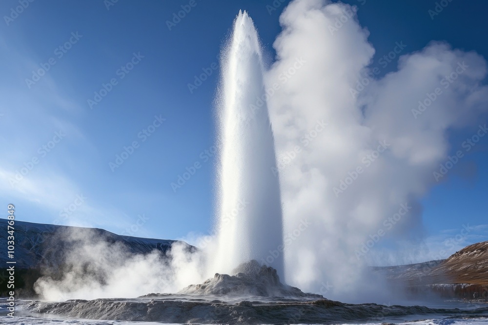 A geyser erupts shooting water high into the air against a clear blue sky surrounded by steam and the natural landscape A geyser erupts shooting water high into the air against a clear blue sky surrounded by steam and the natural landscape
