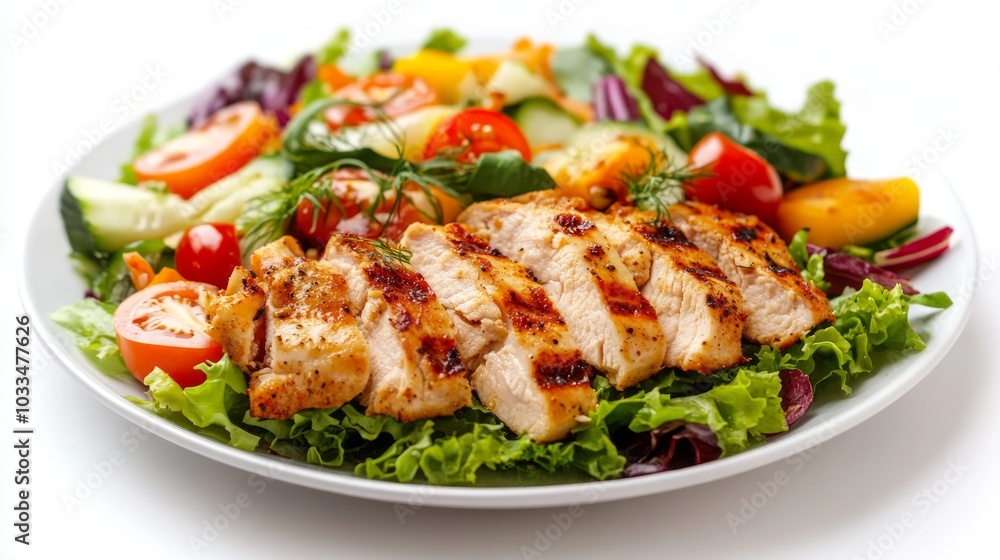Grilled chicken breast slices on a bed of fresh lettuce, tomatoes, cucumbers, and bell peppers. Grilled chicken breast slices on a bed of fresh lettuce, tomatoes, cucumbers, and bell peppers.