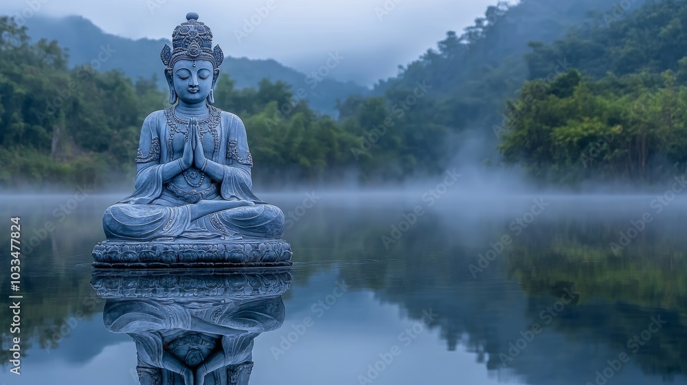 Serene Buddha Statue Reflection in Misty Lake Serene Buddha Statue Reflection in Misty Lake