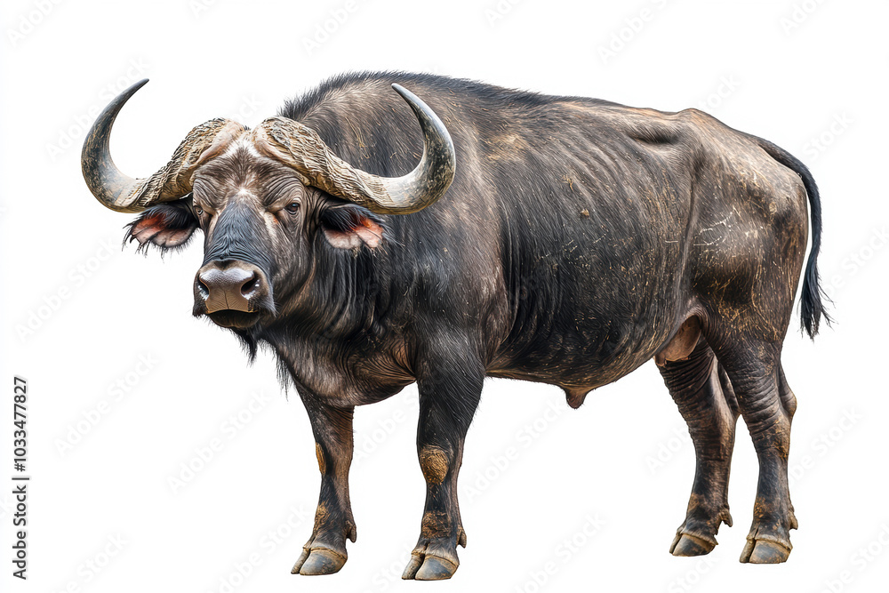Isolated buffalo standing prominently against a white background, showcasing its sturdy physique and distinct curved horns Isolated buffalo standing prominently against a white background, showcasing its sturdy physique and distinct curved horns