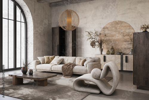 Fotografie Modern and cozy interior in neutral tones with natural elements like dried plants, concrete wall and old wooden furniture