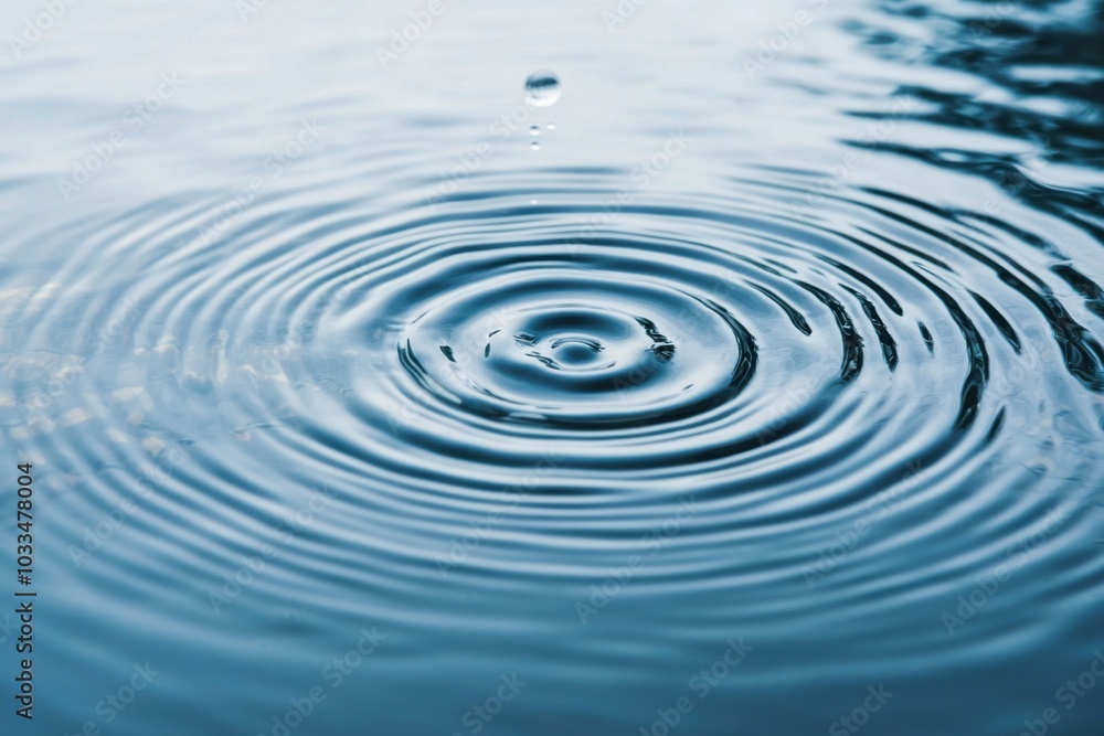 A tranquil scene featuring ripples forming on the surface of water created by a single droplet impacting the calm water A tranquil scene featuring ripples forming on the surface of water created by a single droplet impacting the calm water