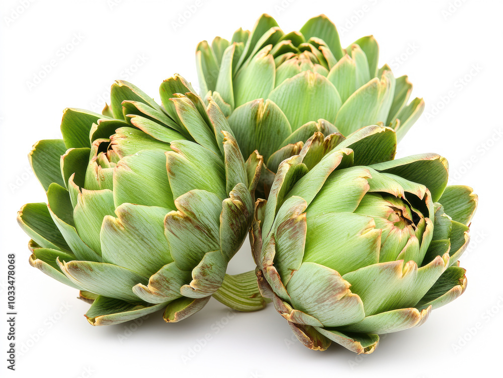 Fresh artichokes isolated on a white background showcasing their vibrant green color and unique texture Fresh artichokes isolated on a white background showcasing their vibrant green color and unique texture