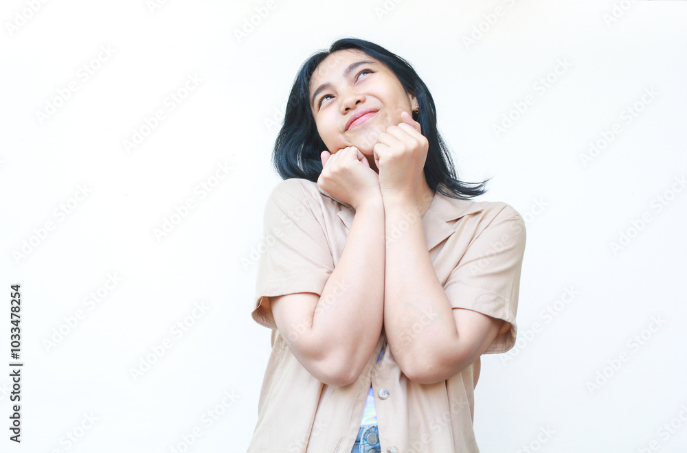 happy calm asian woman smiling confident wearing casual brown clothes isolated on white background happy calm asian woman smiling confident wearing casual brown clothes isolated on white background