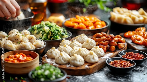 A delicious spread of various dumplings and dim sum dishes, beautifully presented on a table.  photo