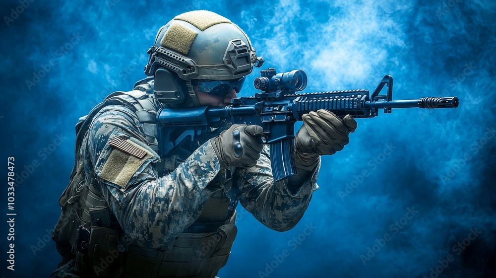 Fototapeta premium Soldier in Camouflage Aiming Rifle with Blue Smoke Background