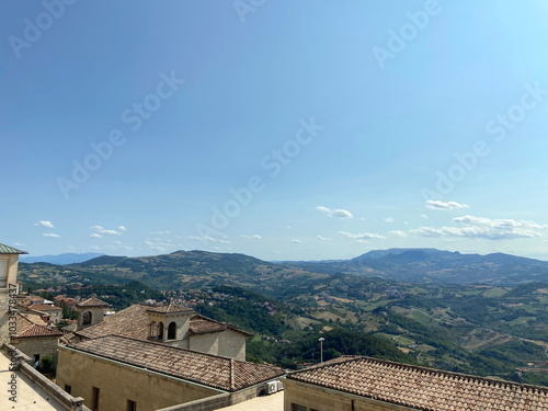 An amazing natural panorama of the horizon surrounding San Marino against the background of a clear sunny sky.