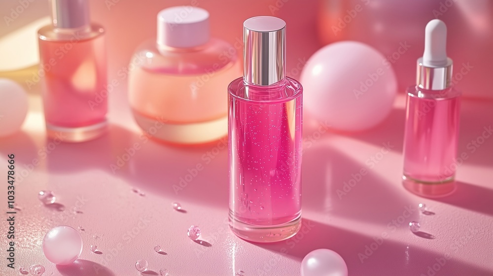 Aesthetic Display of Pink Cosmetic Bottles and Serums Aesthetic Display of Pink Cosmetic Bottles and Serums