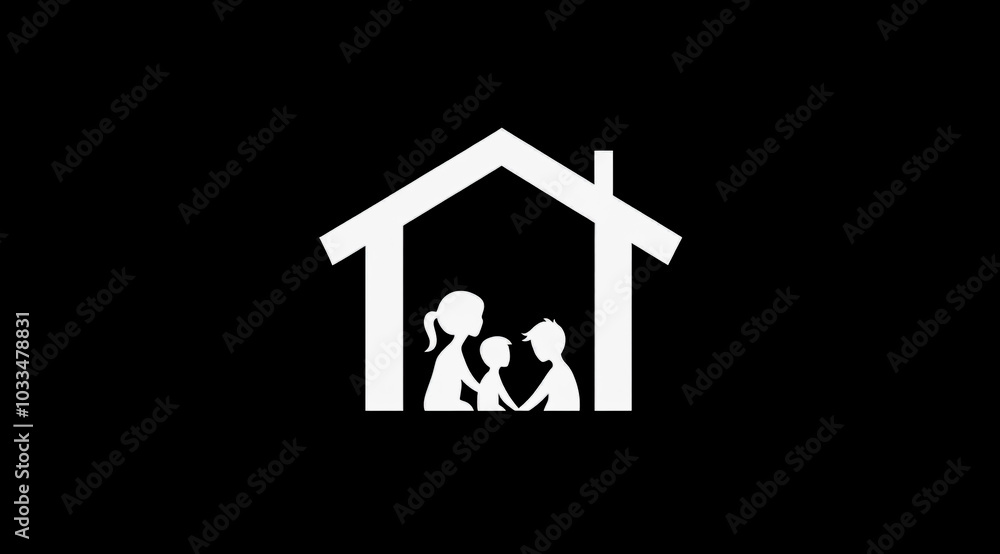A family inside a house, a simple black and white vector logo on a solid background. A family inside a house, a simple black and white vector logo on a solid background.