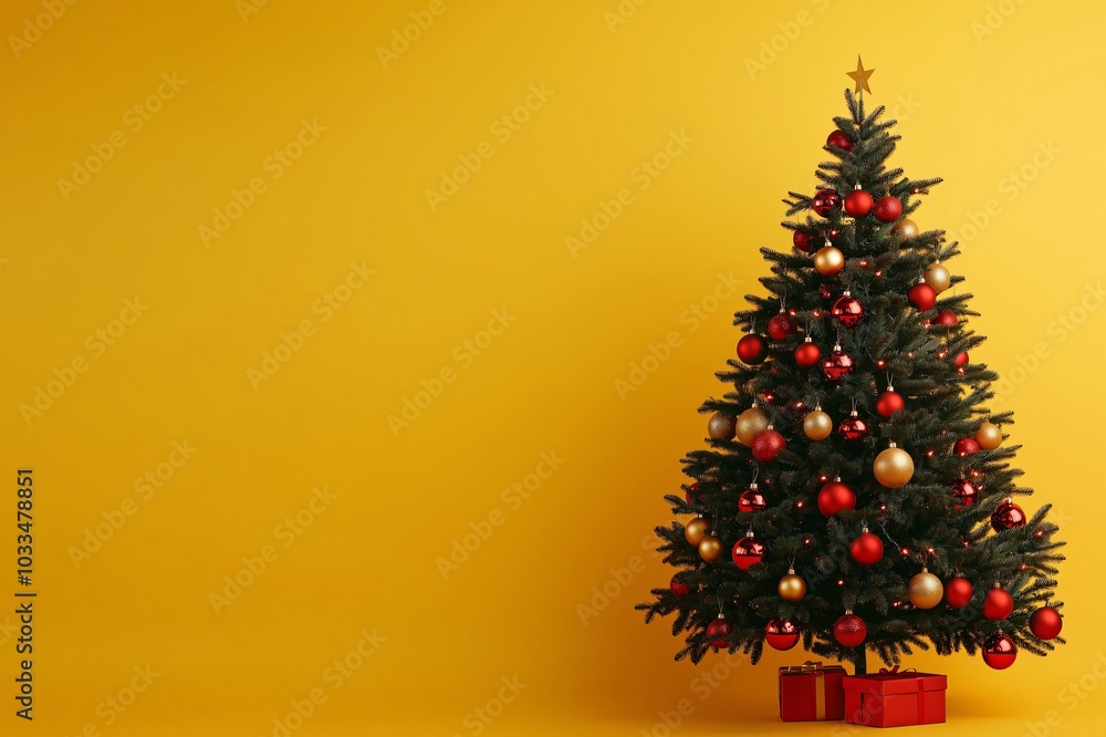 Christmas tree decorated with red and gold ornaments standing on a yellow background. Copy space Christmas tree decorated with red and gold ornaments standing on a yellow background. Copy space