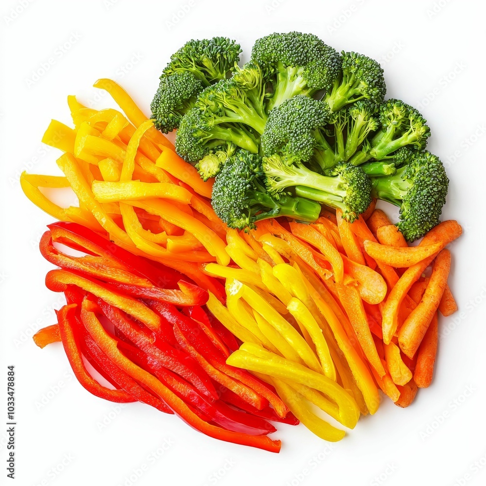 A vibrant arrangement of fresh broccoli and colorful bell peppers, showcasing a healthy and visually appealing vegetable medley.