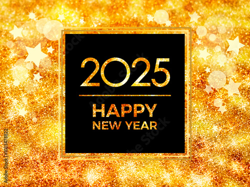 2025 Happy New Year greeting card with gold glittering background stock images. 2025 New Year gold black background frame stock images. Template for background, banner, card