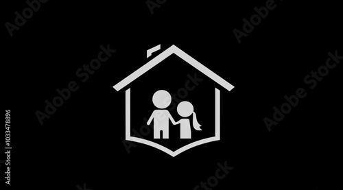 A family inside a house, a simple black and white vector logo on a solid background.