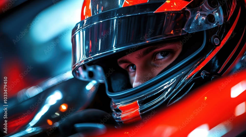 Race car driver close-up, intense gaze, helmet reflection, vibrant colors Race car driver close-up, intense gaze, helmet reflection, vibrant colors