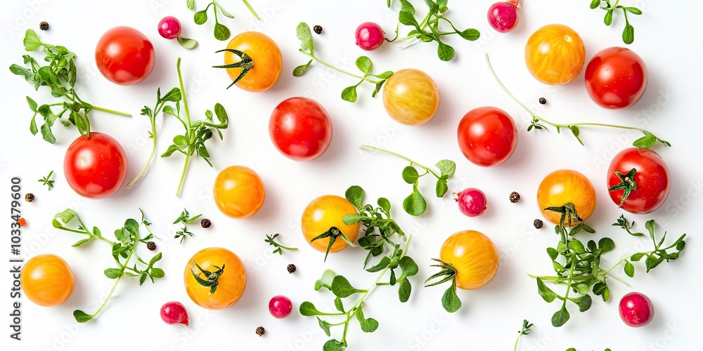 A composition of red and yellow cherry tomatoes with microgreens and pink pepper on a white isolated background. A composition of red and yellow cherry tomatoes with microgreens and pink pepper on a white isolated background.
