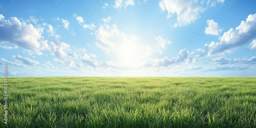 Vibrant green spring field under a blue cloudy sky, copyspace. Vibrant green spring field under a blue cloudy sky, copyspace.