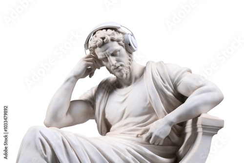 Greek sculpture person listening to music electronics headphones clothing. photo