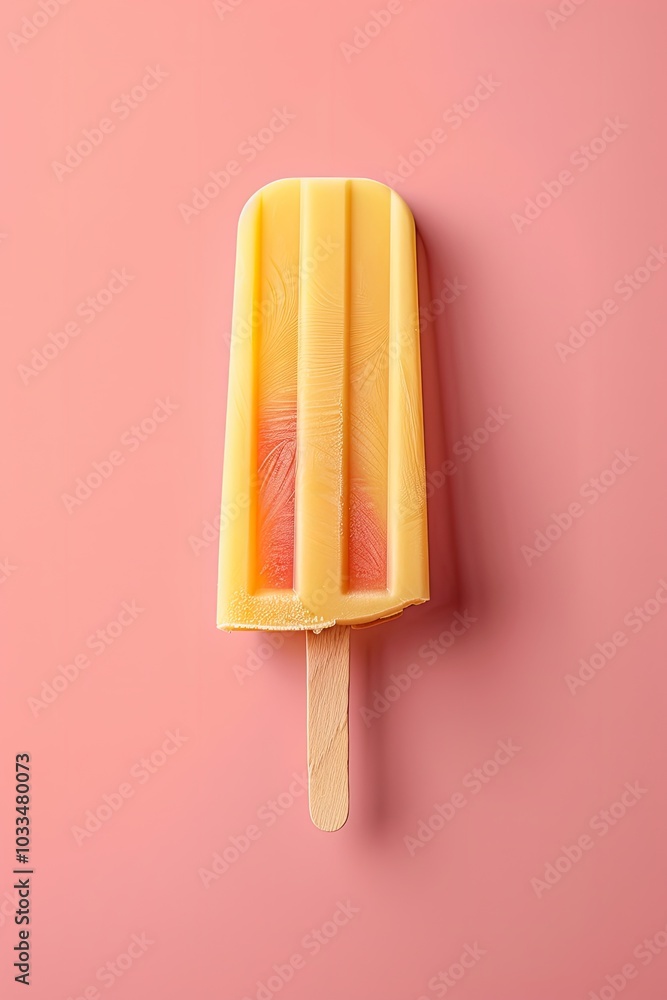 A pink and yellow popsicle placed on top of a pink surface A pink and yellow popsicle placed on top of a pink surface